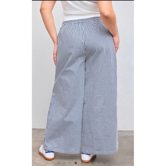 Plus Size NEW Cider 100% Cotton Mid Rise Striped Pocket Wide Leg Trousers Curve - Picture 3 of 8